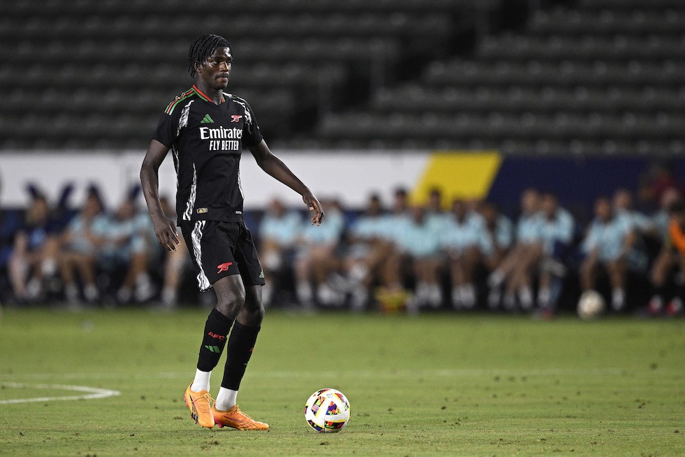 Debut Arsenal duo react to their first Gunners appearances 2 CARSON, CALIFORNIA: Ayden Heaven of Arsenal FC controls the ball against AFC Bournemouth during a pre-season friendly match between Arsenal FC and AFC Bournemouth at Dignity Health Sports Park on July 24, 2024. (Photo by Orlando Ramirez/Getty Images)