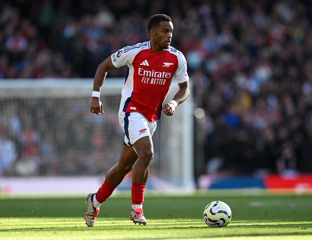 LONDON, ENGLAND: Jurrien Timber of Arsenal runs with the ball during the Premier League match between Arsenal FC and Leicester City FC at Emirates ...