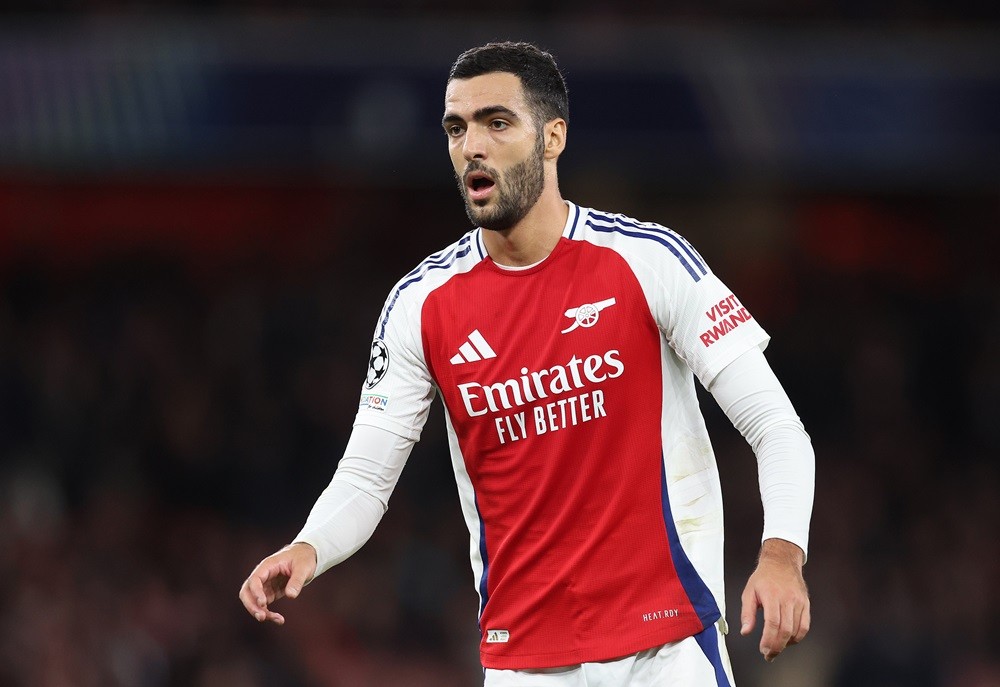 LONDON, ENGLAND: Mikel Merino of Arsenal looks on during the UEFA Champions League 2024/25 League Phase MD2 match between Arsenal FC and Paris Sain...