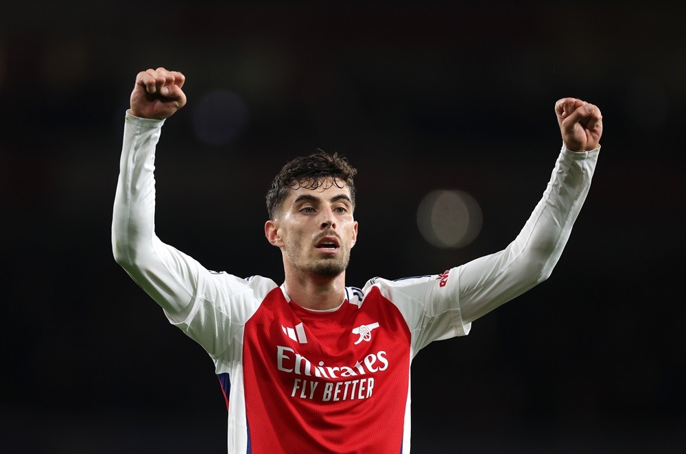 LONDON, ENGLAND: Kai Havertz of Arsenal celebrates scoring his team's first goal during the UEFA Champions League 2024/25 League Phase MD2 match be...