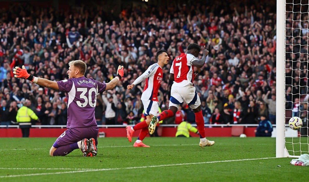 The stats behind Saka's Player of the Match display vs Southampton 2 LONDON, ENGLAND: Bukayo Saka of Arsenal scores his team's third goal past Aaron Ramsdale of Southampton during the Premier League match between Arsenal FC and Southampton FC at Emirates Stadium on October 05, 2024. (Photo by Shaun Botterill/Getty Images)