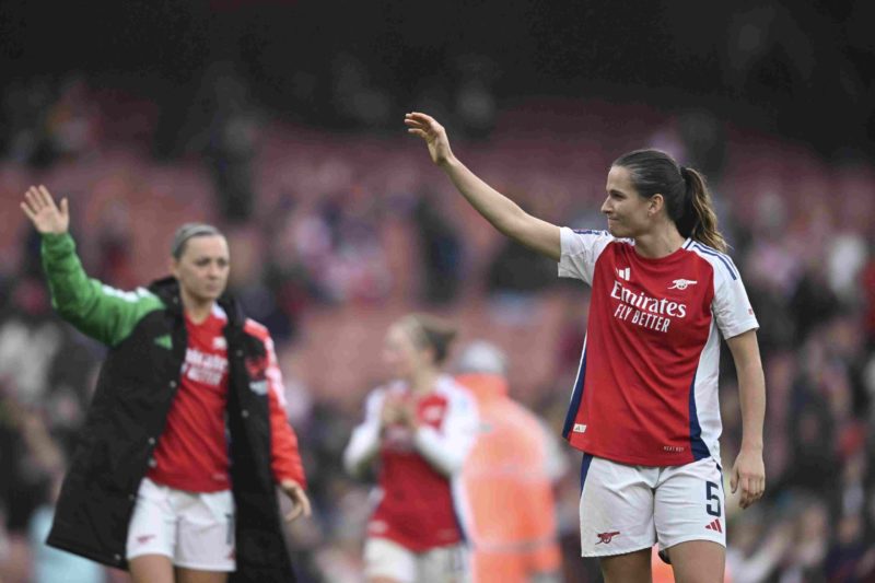 LONDON, ENGLAND - OCTOBER 06: Laia Codina of Arsenal waves to the Arsenal fans after the Barclays Women's Super League match between Arsenal and Ev...