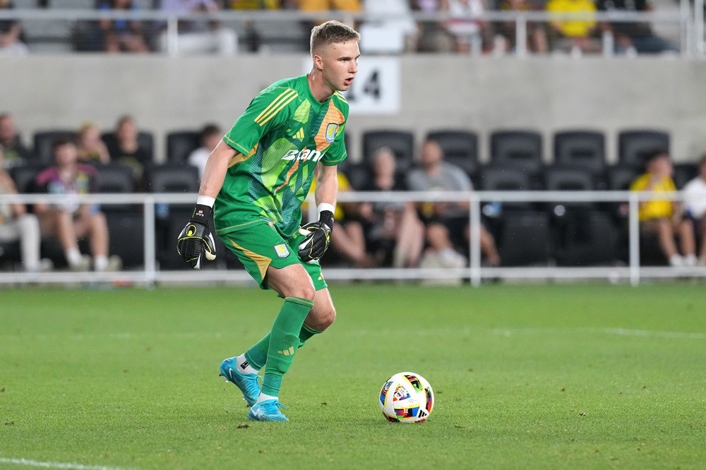 COLUMBUS, OHIO: Oliwier Zych of Aston Villa controls the ball during the second half against the Columbus Crew at Lower.com Field on July 27, 2024....