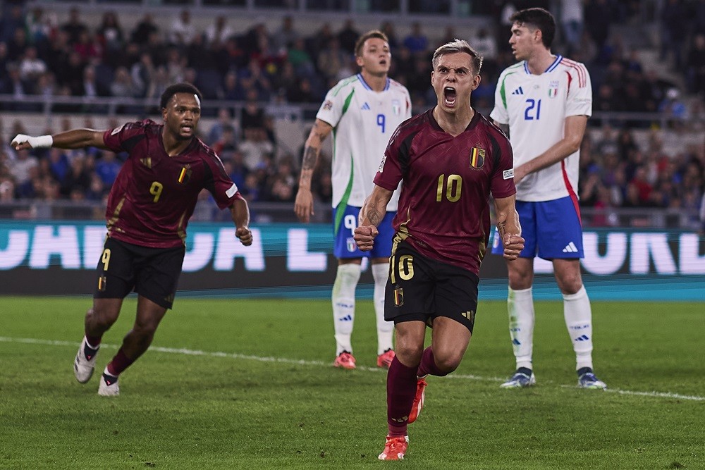 ROME, ITALY: Leandro Trossard of Belgium celebrates after scoring his team's second goal during the UEFA Nations League 2024/25 League A Group A2 m...