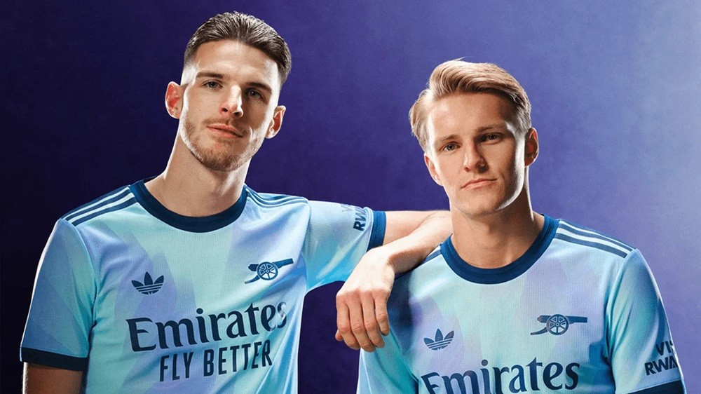 Declan Rice and Martin Odegaard in the Arsenal third kit for 2024/25 (Photo via Arsenal.com)