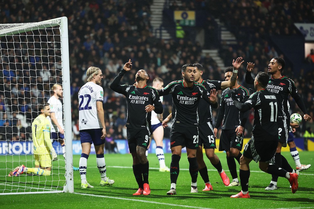 Arsenal League Cup quarter-final draw creates scheduling issue 2 PRESTON, ENGLAND: Gabriel Jesus of Arsenal celebrates with teammates after scoring his team's first goal during the Carabao Cup Fourth Round match between Preston North End and Arsenal at Deepdale on October 30, 2024. (Photo by Matt McNulty/Getty Images)