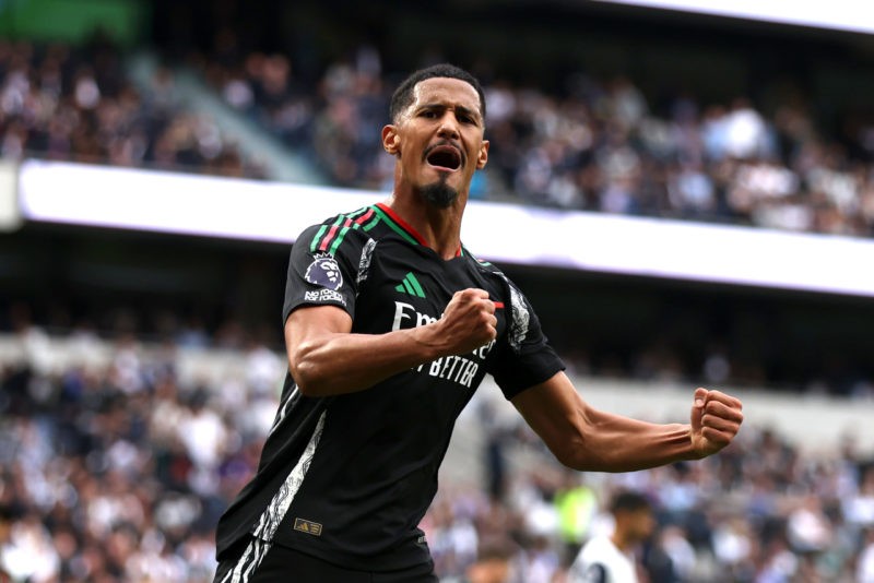 LONDON, ENGLAND - SEPTEMBER 15: William Saliba of Arsenal celebrates at full-time during the Premier League match between Tottenham Hotspur FC and ...