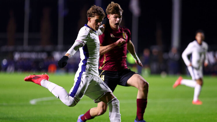 BRUSSELS, BELGIUM: Max Dowman of England battles for the ball with Wout Gielen of Belguim during the Men's U17 international match between Belgium ...