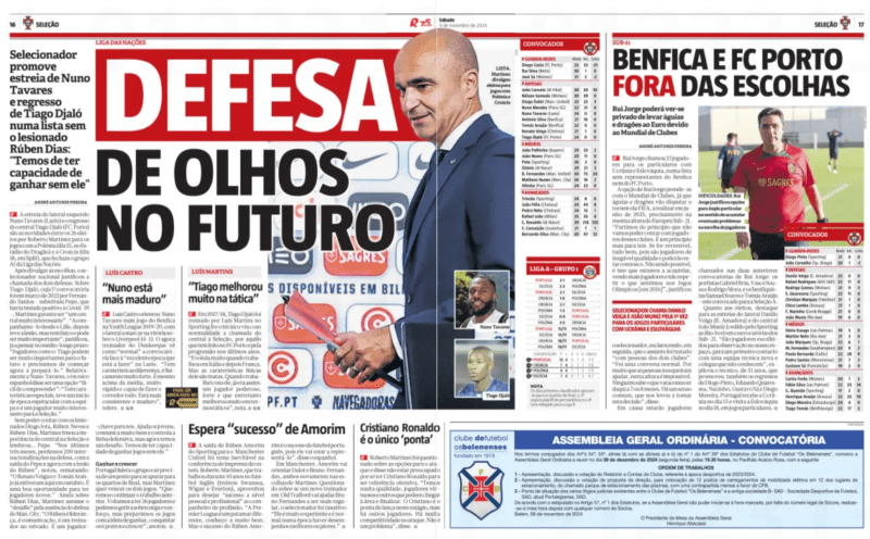 defence focused on the future Coach promotes Nuno Tavares’ debut and Tiago Djaló's return in a squad without injured Rúben Dias: “we need to be able to win without him” Record, 9 Nov 2024 Tiago Djaló Nuno Tavares (Lazio) is set to make his debut, while Tiago Djaló (FC Porto) returns to the squad as part of Roberto Martínez's 26-man selection for the upcoming matches against Poland (15 November, Estádio do Dragão) and Croatia (18 November, Split), which conclude Group A1 of the Nations League. Announcing his selection, Martínez explained the inclusion of the two defenders. On Tiago Djaló, whose first call-up came in March 2022 under Fernando Santos as a replacement for Pepe (who had tested positive for Covid-19), Martínez described him as “a very interesting centre-back.” “We’ve been tracking him since his time at Lille. He had the injury setback, but he has the physicality and could be crucial,” Martínez said, with an eye towards the future. “Players like Tiago are vital for the future, and we need to start preparing him now.” Regarding Nuno Tavares, Martínez called it an "easy decision": “He has special characteristics, had a spectacular start to the season, and is a very interesting player for the national team.” With Diogo Jota, Rúben Neves, and Rúben Dias unavailable due to injuries, Martínez underlined the importance of the defensive centre in the national setup and referenced Pepe: “In the last three months, we’ve lost 200 caps in defence, first with Pepe’s departure and now Rúben’s injury,” he noted. He added, “Renato Veiga and Tomás Araújo were already with us in October. It’s a good opportunity to give new players experience.” On the absence of Manchester City's Rúben Dias, Martínez admitted it would be a challenge: “Rúben provides leadership, communication, and acts like a coach on the pitch. He’s a key player for us, helping the younger players and managing the defensive line, but we have to accept this challenge and find a way to win without him.” win and grow Portugal currently lead the group and need only a point to qualify for the quarter-finals, but Martínez is aiming for victory in both matches. “We want to build on our previous performances. We have 26 players available, and we can manage the workload and effort, but our focus is on winning both games, getting all six points, and continuing to grow,” he added.