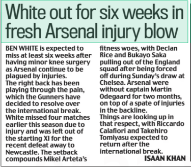 White out for six weeks in fresh Arsenal injury blow Daily Mail14 Nov 2024ISAAN KHAN BEN WHITE is expected to miss at least six weeks after having minor knee surgery as Arsenal continue to be plagued by injuries. The right back has been playing through the pain, which the Gunners have decided to resolve over the international break. White missed four matches earlier this season due to injury and was left out of the starting XI for the recent defeat away to Newcastle. The setback compounds Mikel Arteta’s fitness woes, with Declan Rice and Bukayo Saka pulling out of the England squad after being forced off during Sunday’s draw at Chelsea. Arsenal were without captain Martin Odegaard for two months, on top of a spate of injuries in the backline. Things are looking up in that respect, with Riccardo Calafiori and Takehiro Tomiyasu expected to return after the international break. Article Name:White out for six weeks in fresh Arsenal injury blow Publication:Daily Mail Author:ISAAN KHAN Start Page:72 End Page:72