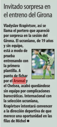 Brexit blocks Arsenal and Chelsea from signing 19yo 2 Surprise guest at Girona training Mundo Deportivo (Barcelona), 23 Nov 2024 Vladyslav Krapivtsov, a 19-year-old Ukrainian goalkeeper, made an unexpected appearance at Girona’s training session. Currently without a club, Krapivtsov is undergoing a trial with the first team. Previously on the brink of signing for Arsenal or Chelsea, he ended up without a team due to bureaucratic complications. An international with Ukraine, Krapivtsov will now aim to convince Girona’s sporting directors that he deserves a spot in Michel’s squad