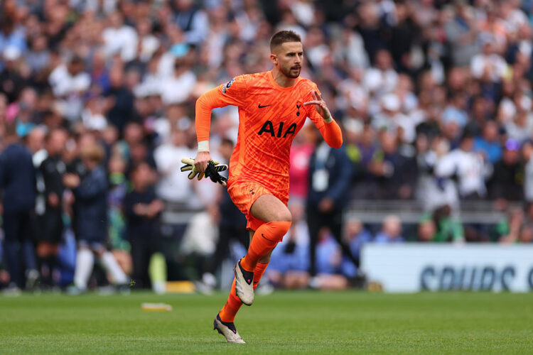 LONDON, ENGLAND: Guglielmo Vicario of Tottenham Hotspur during the Premier League match between Tottenham Hotspur FC and Brentford FC at Tottenham ...