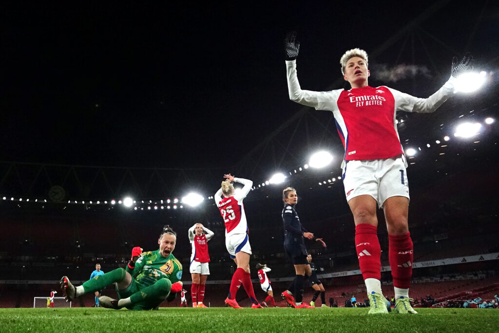 LONDON, ENGLAND - NOVEMBER 21: Pauline Peyraud-Magnin of Juventus celebrates making a save from Lina Hurtig of Arsenala during the UEFA Women's Champions League match between Arsenal FC and Juventus FC at Emirates Stadium on November 21, 2024 in London, England. (Photo by Alex Pantling/Getty Images)