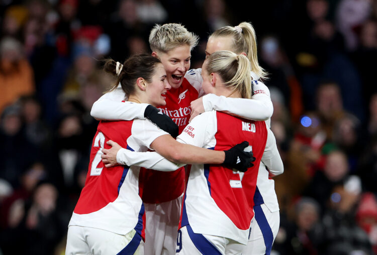 LONDON, ENGLAND - NOVEMBER 21: Lina Hurtig of Arsenal celebrates with her team mates after scoring his team's first goal during the UEFA Women's Ch...