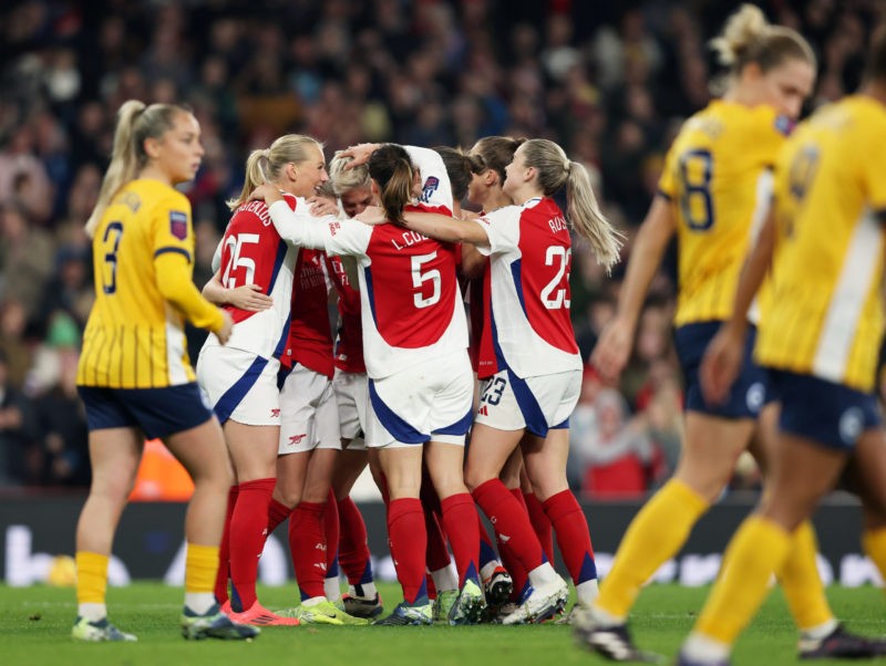 LONDON, ENGLAND - NOVEMBER 08: Lina Hurtig of Arsenal celebrates scoring her team's fourth goal with teammates during the Barclays Women's Super Le...