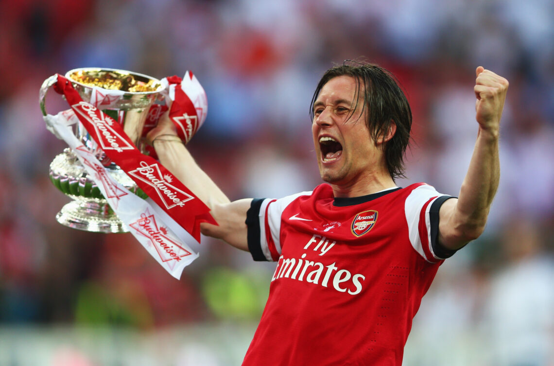 LONDON, ENGLAND - MAY 17: Tomas Rosicky of Arsenal celebrates victory with the trophy after the FA Cup with Budweiser Final match between Arsenal a...