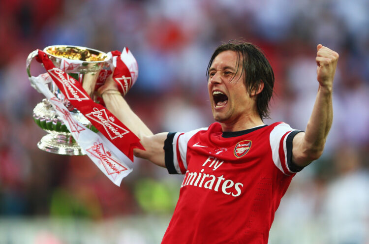 LONDON, ENGLAND - MAY 17: Tomas Rosicky of Arsenal celebrates victory with the trophy after the FA Cup with Budweiser Final match between Arsenal a...