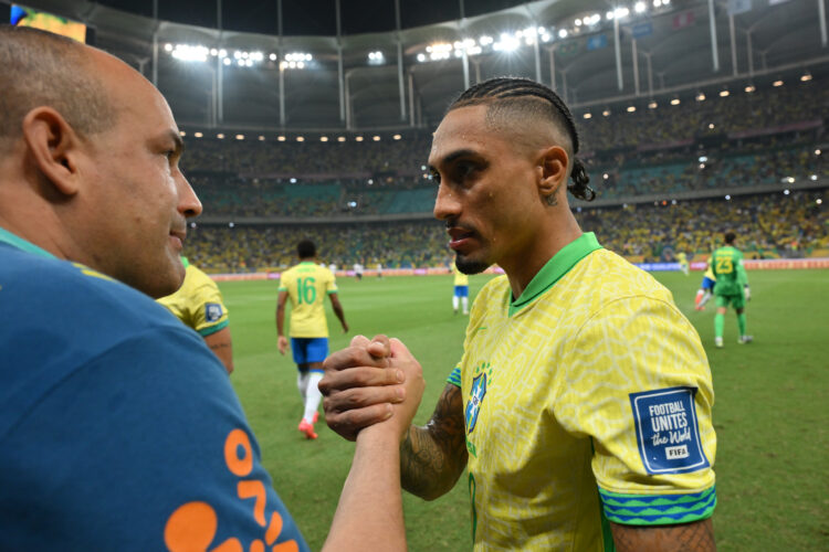 SALVADOR, BRAZIL - NOVEMBER 19: Raphinha of Brazil gestures prior the South American FIFA World Cup 2026 Qualifier match between Brazil and Uruguay...