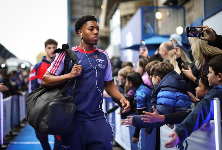 LONDON, ENGLAND: Myles Lewis-Skelly of Arsenal arrives prior to the Premier League match between Chelsea FC and Arsenal FC at Stamford Bridge on No...