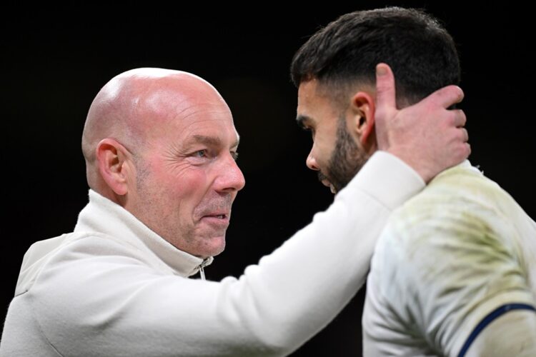 COPENHAGEN, DENMARK: Brian Riemer, Head Coach of Denmark, interacts with David Raya of Spain prior to the UEFA Nations League 2024/25 League A Grou...