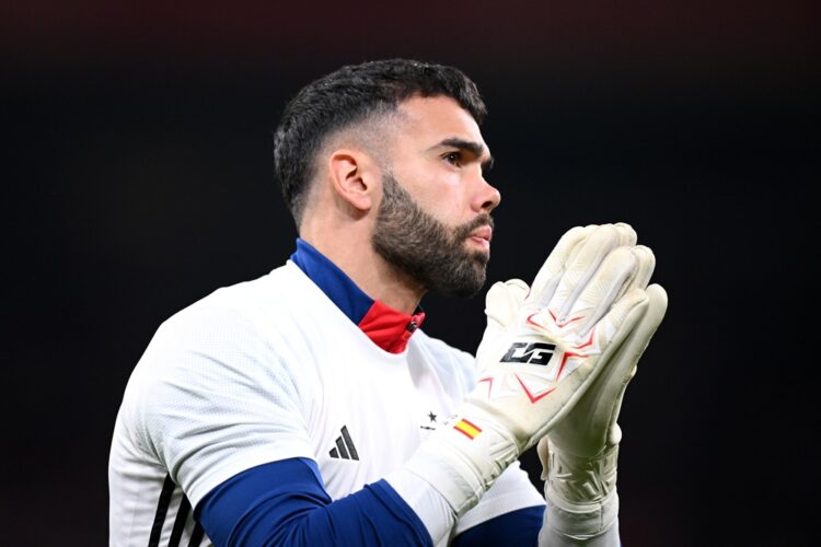 COPENHAGEN, DENMARK: David Raya of Spain applauds the fans as he warms up prior to the UEFA Nations League 2024/25 League A Group A4 match between ...