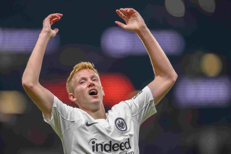 FRANKFURT AM MAIN, GERMANY - OCTOBER 24: Hugo Larsson of Eintracht Frankfurt celebrates after scoring his team’s first goal during the UEFA Europa League 2024/25 League Phase MD3 match between Eintracht Frankfurt and Rigas FS at Deutsche Bank Park on October 24, 2024 in Frankfurt am Main, Germany. (Photo by Christian Kaspar-Bartke/Getty Images)