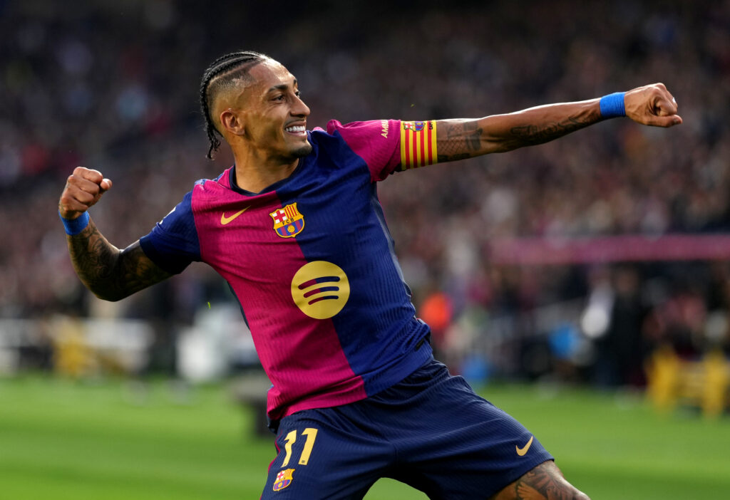 Arsenal test the waters for electric Barcelona winger signing 3 BARCELONA, SPAIN - NOVEMBER 03: Raphinha of FC Barcelona celebrates scoring his team's second goal during the La Liga EA Sports match between FC Barcelona and RCD Espanyol at Estadi Olimpic Lluis Companys on November 03, 2024 in Barcelona, Spain. (Photo by Alex Caparros/Getty Images)