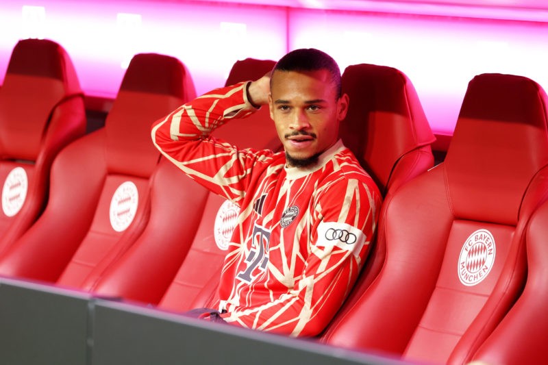 MUNICH, GERMANY - NOVEMBER 02: Leroy Sane of Bayern Munich is seen on the substitutes bench during the Bundesliga match between FC Bayern München a...