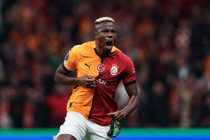 ISTANBUL, TURKEY - NOVEMBER 7: Victor Osimhen of Galatasaray celebrates after scoring his team's second goal during the UEFA Europa League 2024/25 League Phase MD4 match between Galatasaray A.S. and Tottenham Hotspur at Rams Park on November 7, 2024 in Istanbul, Turkey. (Photo by Ahmad Mora/Getty Images)