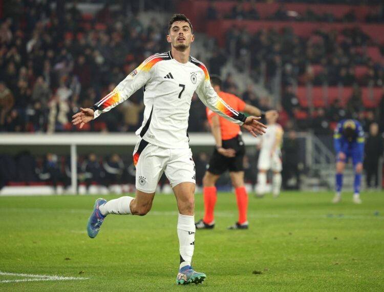 FREIBURG IM BREISGAU, GERMANY: Kai Havertz of Germany celebrates scoring his team's third goal during the UEFA Nations League 2024/25 League A Grou...