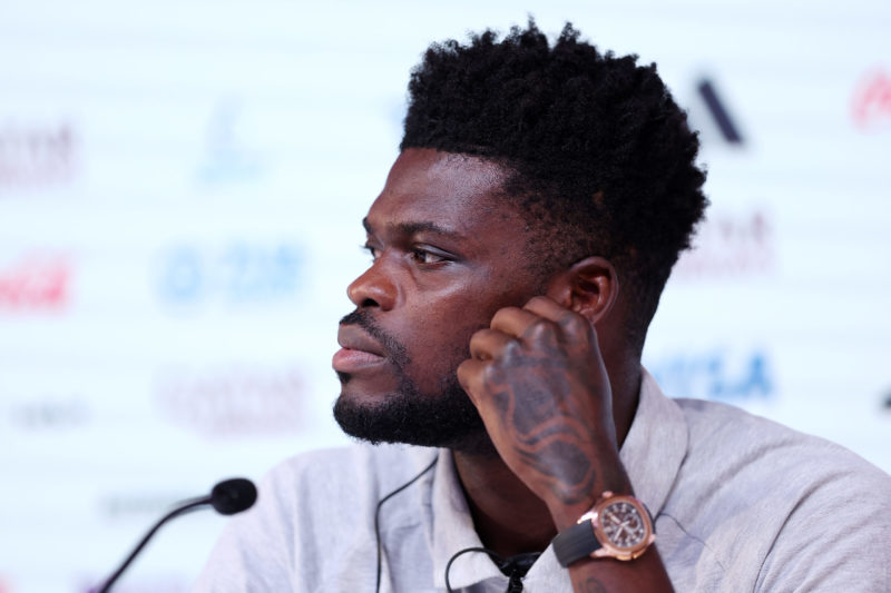 DOHA, QATAR - DECEMBER 01: Thomas Partey of Ghana looks on during the Ghana Press Conference at the Main Media Center on December 01, 2022 in Doha,...