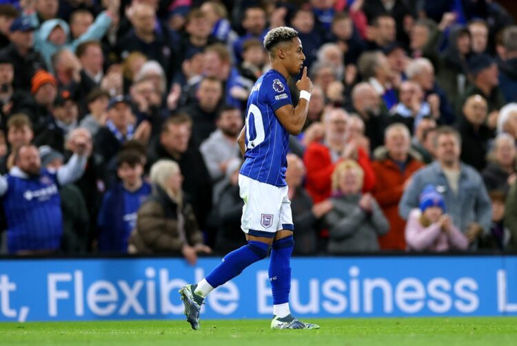 IPSWICH, ENGLAND: Omari Hutchinson of Ipswich Town celebrates scoring his team's first goal during the Premier League match between Ipswich Town FC...