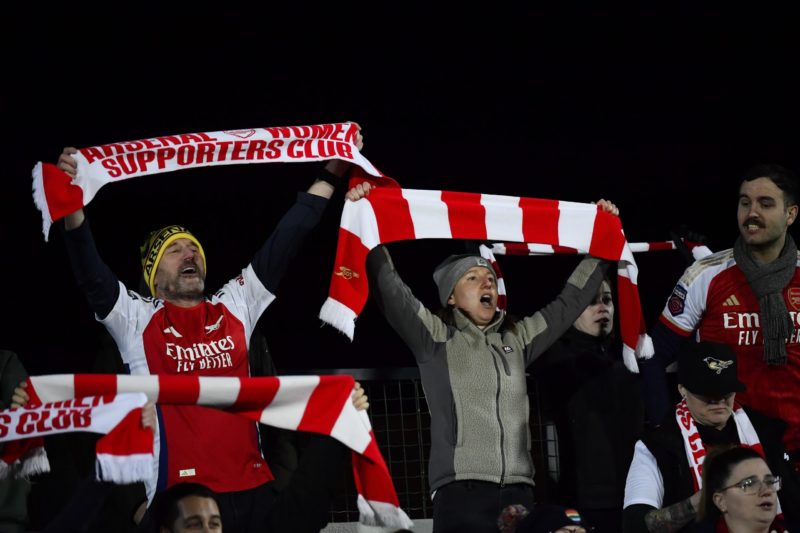 BIELLA, ITALY - NOVEMBER 12: Arsenal FC fans during the UEFA Women's Champions League match between Juventus FC and Arsenal FC at Stadio Comunale Vittorio Pozzo Lamarmora on November 12, 2024 in Biella, Italy. (Photo by Stefano Guidi/Getty Images)