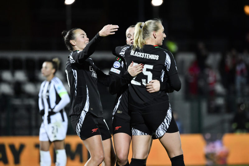 BIELLA, ITALY - NOVEMBER 12: Stina Blackstenius of Arsenal celebrates a goal during the UEFA Women's Champions League match between Juventus FC and Arsenal FC at Stadio Comunale Vittorio Pozzo Lamarmora on November 12, 2024 in Biella, Italy. (Photo by Stefano Guidi/Getty Images)