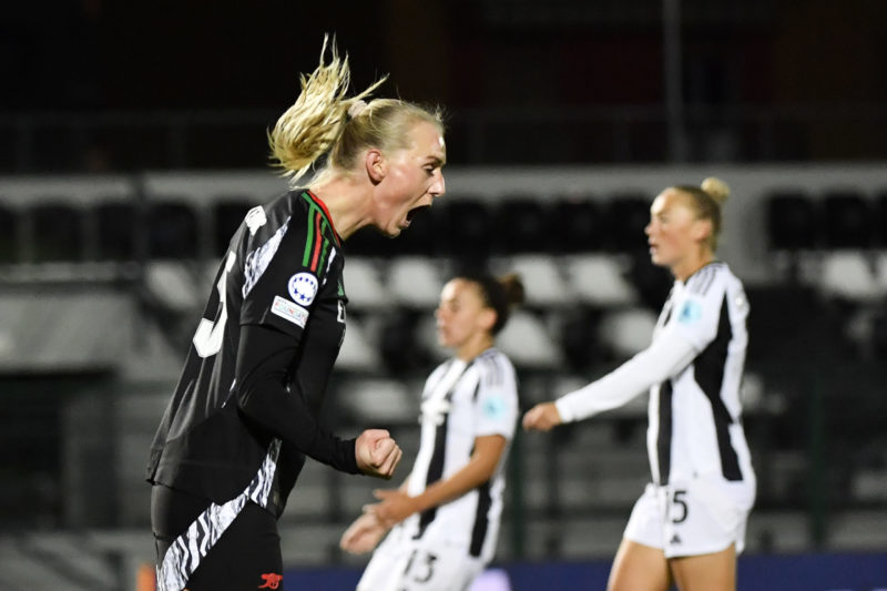 BIELLA, ITALY - NOVEMBER 12: Stina Blackstenius of Arsenal celebrates a goal during the UEFA Women's Champions League match between Juventus FC and Arsenal FC at Stadio Comunale Vittorio Pozzo Lamarmora on November 12, 2024 in Biella, Italy. (Photo by Stefano Guidi/Getty Images)