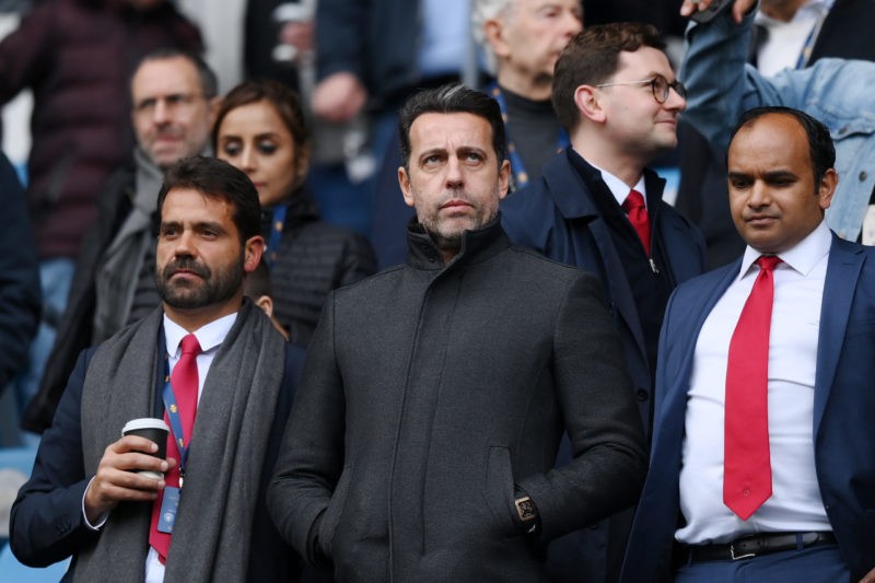 MANCHESTER, ENGLAND - MARCH 31: Edu, Sporting Director of Arsenal looks on during the Premier League match between Manchester City and Arsenal FC a...