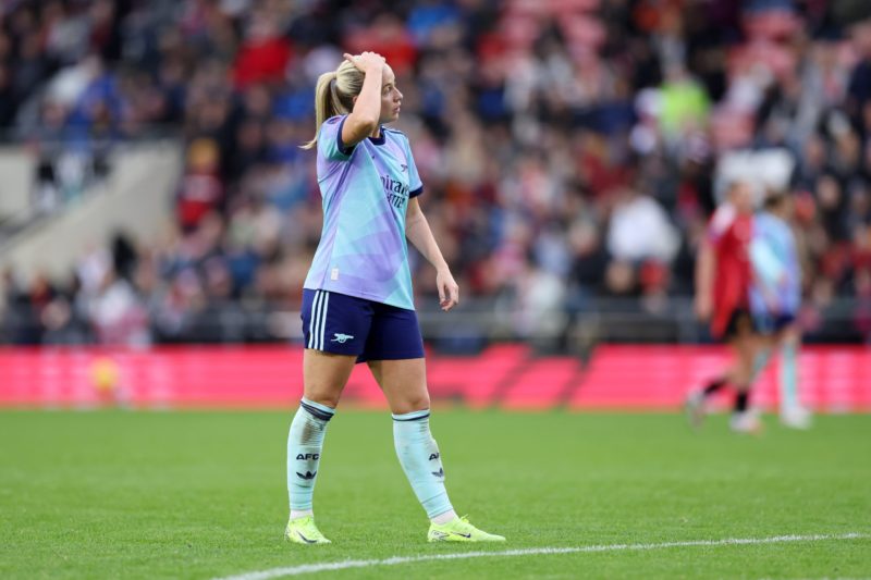 LEIGH, ENGLAND - NOVEMBER 03: Beth Mead of Arsenal reacts during the Barclays Women's Super League match between Manchester United and Arsenal at L...
