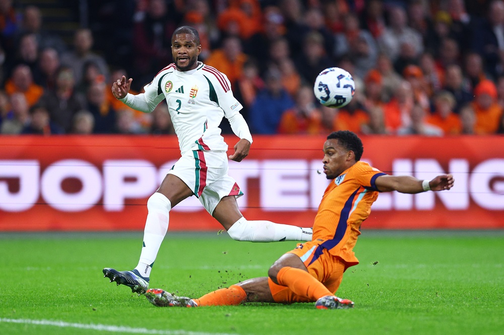 Is Jurrien Timber alright after early Netherlands sub? 2 AMSTERDAM, NETHERLANDS: Loic Nego of Hungary is challenged by Jurrien Timber of Netherlands during the UEFA Nations League 2024/25 League A Group A3 match between Netherlands and Hungary at the Johan Cruijff Arena on November 16, 2024. (Photo by Dean Mouhtaropoulos/Getty Images)