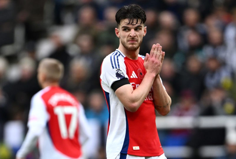 NEWCASTLE UPON TYNE, ENGLAND - NOVEMBER 02: Declan Rice of Arsenal reacts during the Premier League match between Newcastle United FC and Arsenal F...