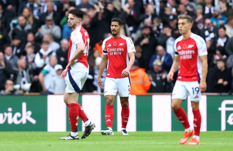 Mikel Arteta explains Arsenal's defeat to Newcastle 4 NEWCASTLE UPON TYNE, ENGLAND - NOVEMBER 02: William Saliba of Arsenal looks dejected after Alexander Isak of Newcastle United (not pictured) scores his team's first goal during the Premier League match between Newcastle United FC and Arsenal FC at St James' Park on November 02, 2024 in Newcastle upon Tyne, England. (Photo by George Wood/Getty Images)