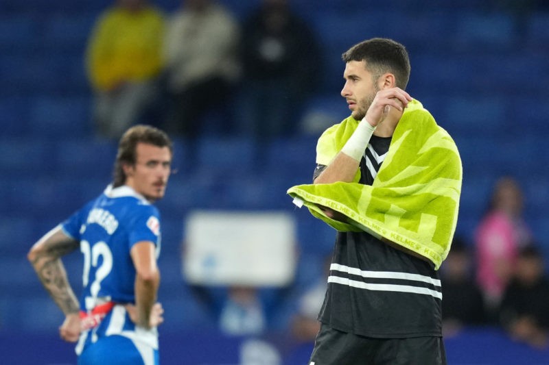 BARCELONA, SPAIN - OCTOBER 25: Joan Garcia of RCD Espanyol reacts following a loss in the LaLiga match between RCD Espanyol de Barcelona and Sevill...