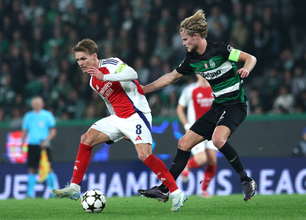 Sporting captain explains the difficulties Arsenal caused them 2 LISBON, PORTUGAL - NOVEMBER 26: Martin Odegaard of Arsenal is challenged by Morten Hjulmand of Sporting CP during the UEFA Champions League 2024/25 League Phase MD5 match between Sporting Clube de Portugal and Arsenal FC at Estadio Jose Alvalade on November 26, 2024 in Lisbon, Portugal. (Photo by Carlos Rodrigues/Getty Images)