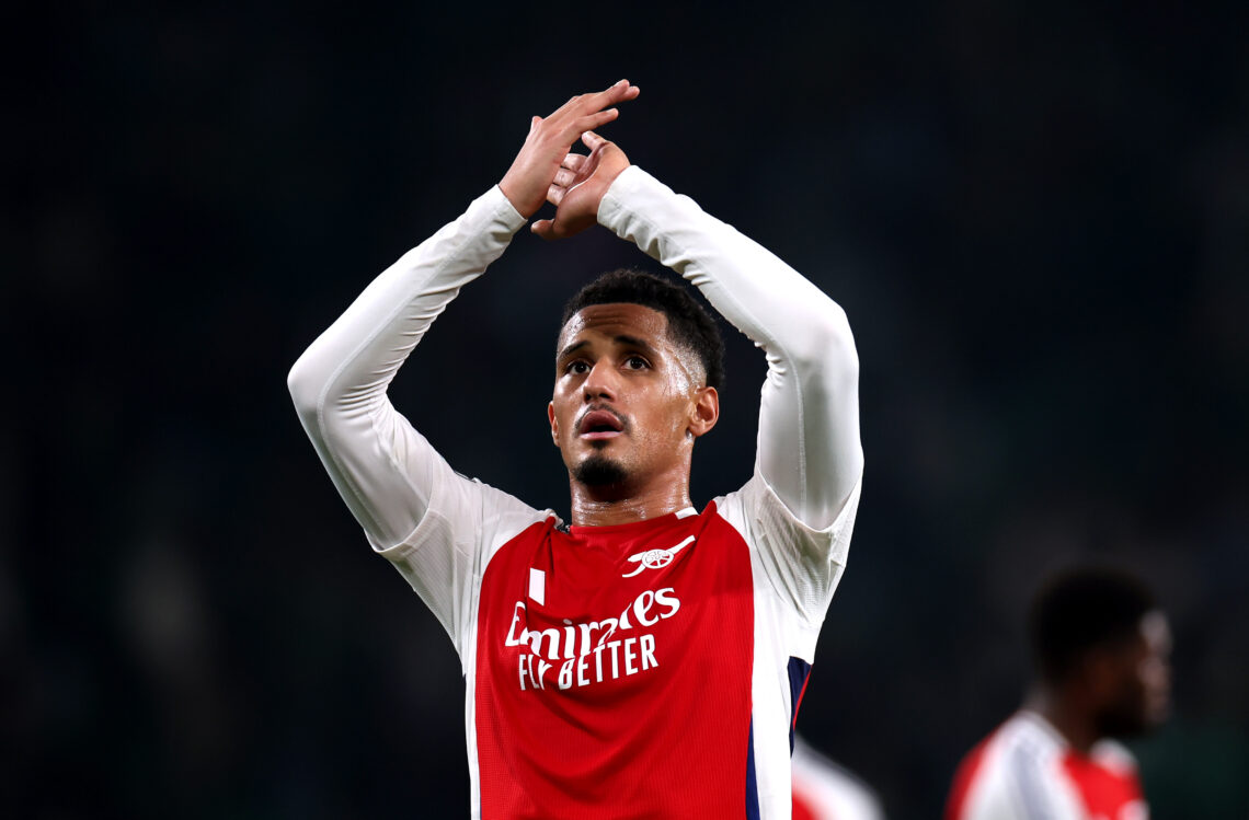 LISBON, PORTUGAL - NOVEMBER 26: William Saliba of Arsenal applauds the fans as he celebrates victory after the UEFA Champions League 2024/25 League...
