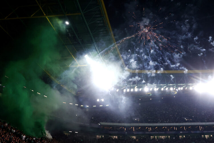 LISBON, PORTUGAL - NOVEMBER 26: Fireworks are set off during the match during the UEFA Champions League 2024/25 League Phase MD5 match between Spor...