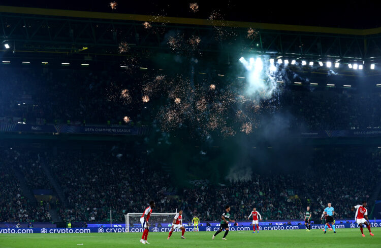 LISBON, PORTUGAL - NOVEMBER 26: A general view as fans of Sporting CP use Fireworks and Smoke Flares after Kai Havertz of Arsenal (not pictured) sc...