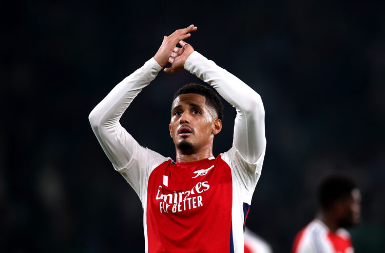 LISBON, PORTUGAL - NOVEMBER 26: William Saliba of Arsenal applauds the fans as he celebrates victory after the UEFA Champions League 2024/25 League...