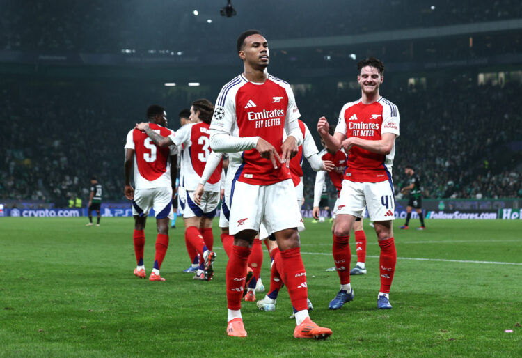 LISBON, PORTUGAL - NOVEMBER 26: Gabriel of Arsenal celebrates scoring his team's third goal during the UEFA Champions League 2024/25 League Phase M...