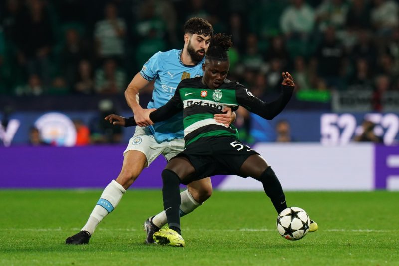 LISBON, PORTUGAL - NOVEMBER 05: Geovany Quenda of Sporting CP is challenged by Josko Gvardiol of Manchester City during the UEFA Champions League 2024/25 League Phase MD4 match between Sporting Clube de Portugal and Manchester City at Estadio Jose Alvalade on November 05, 2024 in Lisbon, Portugal. (Photo by Gualter Fatia/Getty Images)