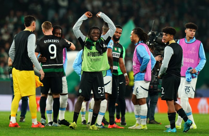 LISBON, PORTUGAL - NOVEMBER 05: Geovany Quenda of Sporting CP celebrates at the end of the UEFA Champions League 2024/25 League Phase MD4 match between Sporting Clube de Portugal and Manchester City at Estadio Jose Alvalade on November 05, 2024 in Lisbon, Portugal. (Photo by Gualter Fatia/Getty Images)