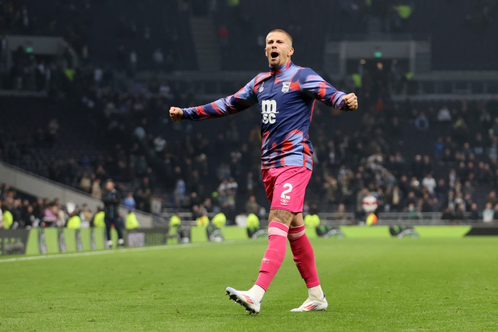 LONDON, ENGLAND: Harry Clarke of Ipswich Town celebrates after the team's victory in the Premier League match between Tottenham Hotspur FC and Ipswich Town FC at Tottenham Hotspur Stadium on November 10, 2024. (Photo by Julian Finney/Getty Images)